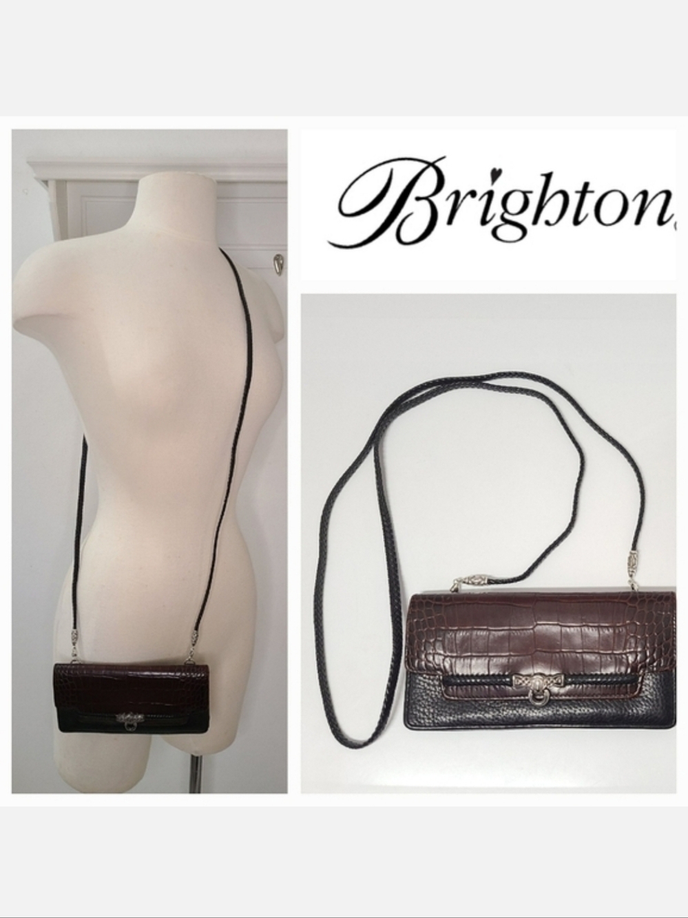 Brighton Vintage Black Leather Crossbody Long Wallet Brown Croc Embossed Detail